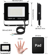 LED flood light with dimensions and specifications labeled